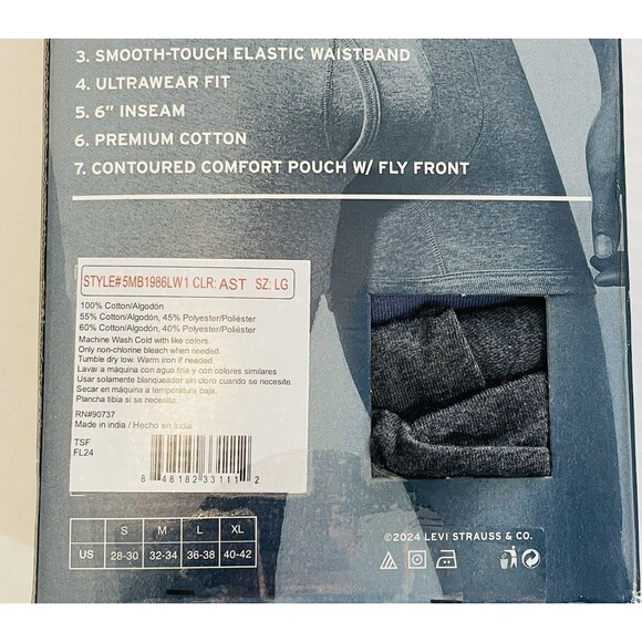 Levi’s Boxer Brief 100% Cotton 5 Pack Men’s L Style#5MB1986LW1 Color:AST - Picture 8 of 8